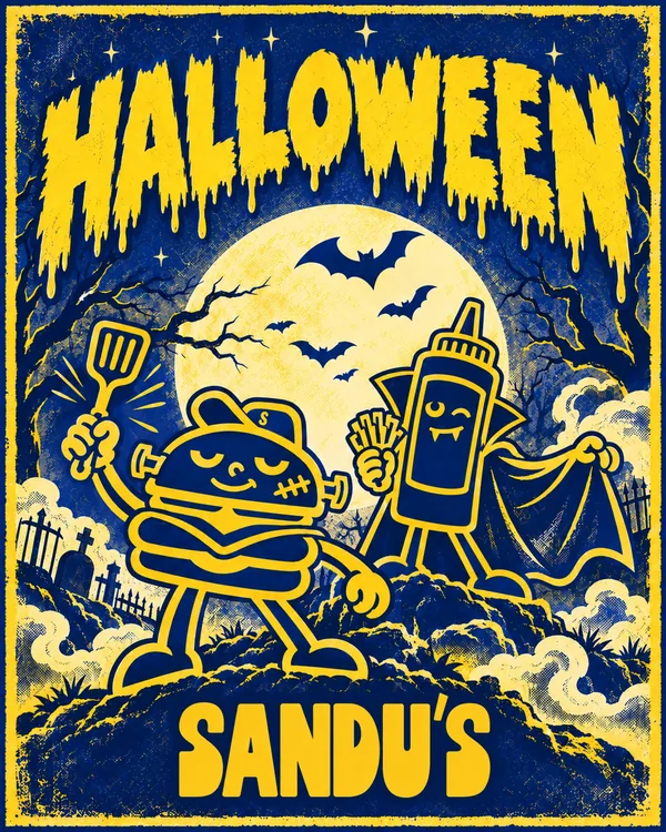 Cartaz Halloween SANDU’S com os mascotes fantasiados